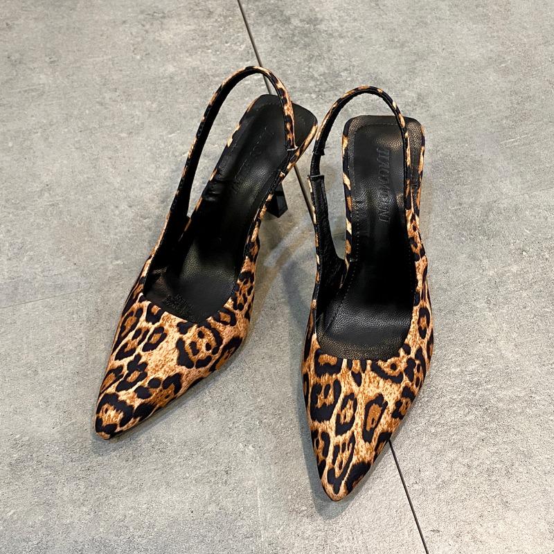 Frühling Neue Marke Damen Slingback Schuhe Mode Leopardenmuster Damen Hohe Absätze Elegant Spitze Zehenpartie Slip-On Sandalen Mules