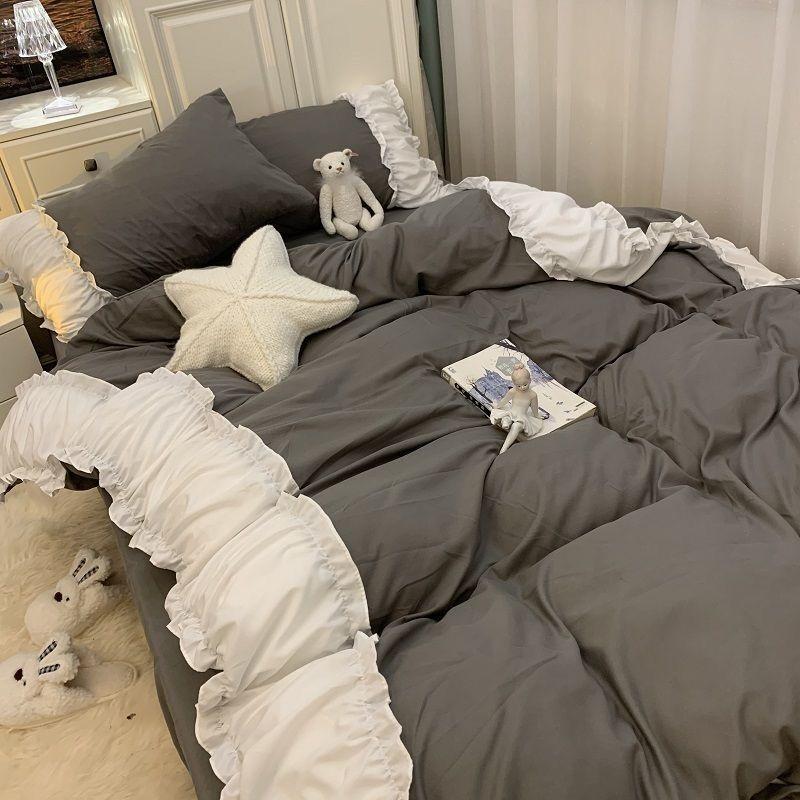 

Korea Princess Purple Bedding Sets Bed Sheet Pillowcases Duvet Cover 3/4 Pieces Home Decoration Washed Cotton Flat Sheet Set Flat Bed Sheet&Twin 1.2m Bed 3pcs