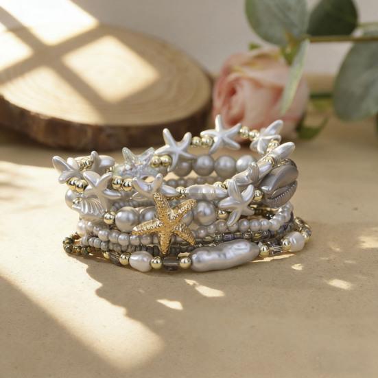 1 Set Bohemian Starfish Bracelets for Women Coastal Style Stackable Stretch Bracelets Faux Pearl Beaded Bracelets for Holiday Summer Beach