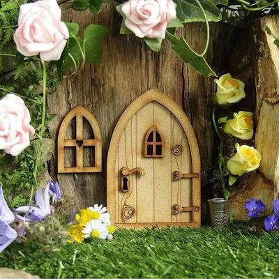 1 Pack Wooden Fairy Garden Door Blank Door Unfinished Elf Window Fairy House Door and Windows Ornaments Tree Statues for Tree Tr