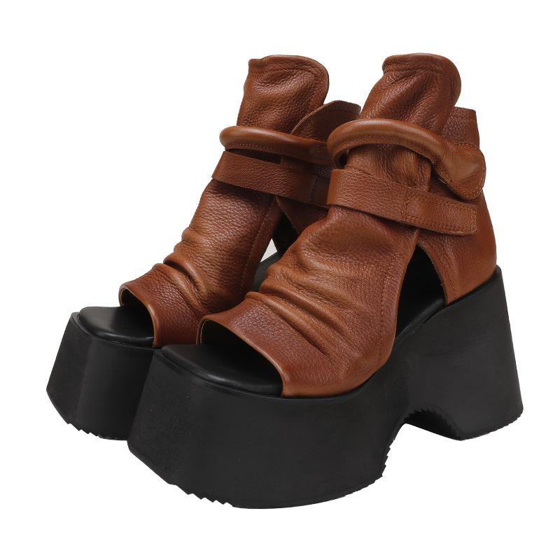 Johnature Vintage Thick Sole Sandals Boots Women Peep Toe Genuine Leather Comfort Heightening Platform Shoes