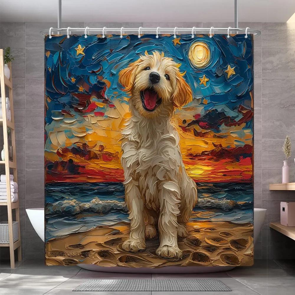 Roztomilý štěně a rybička sprchový závěs - Zábavný podmořský design pro výzdobu dětské koupelny, Vodotěsný, Snadná údržba a Rozkošný styl