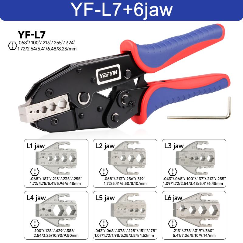YF-L7 Hand-Powered Coaxial Ratchet Crimp Kit with 6 Replaceable Jaws Customizable Tool Sets for RG Cable RF Connectors