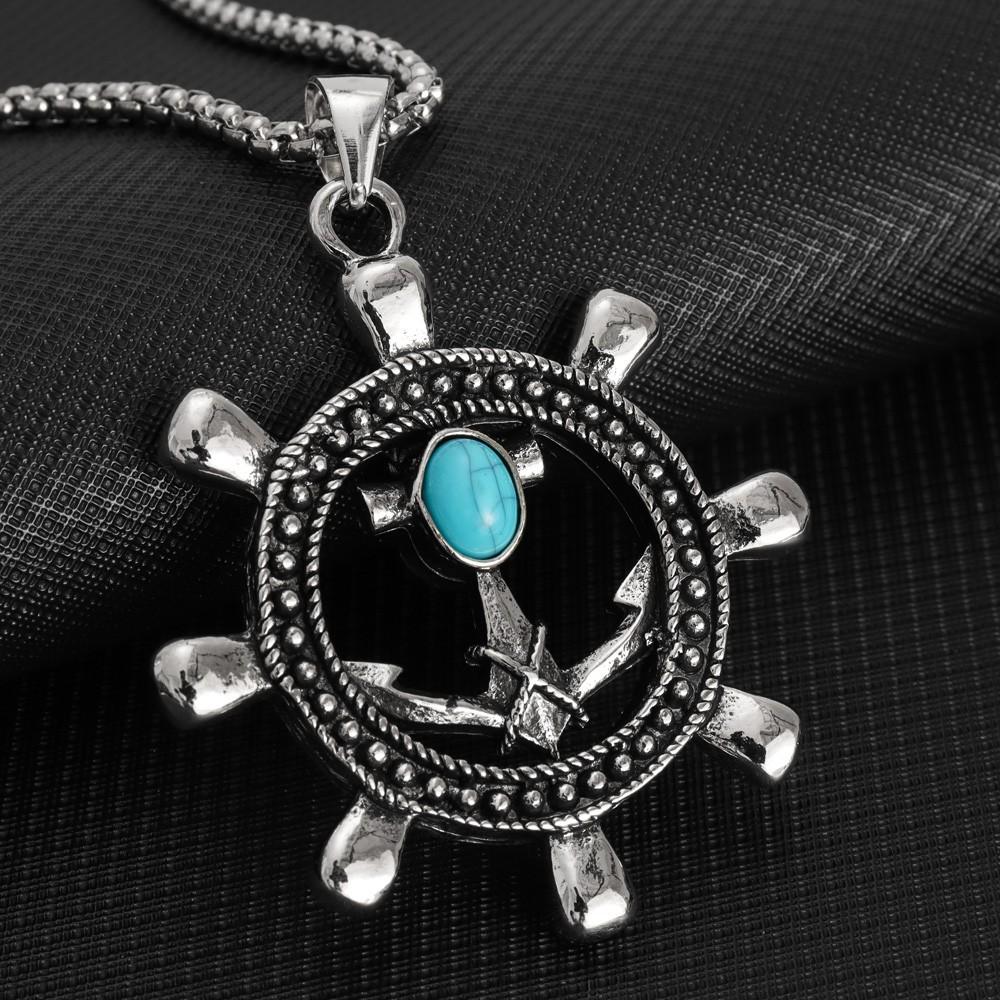 Turquoise Rudder Pendant Necklace Punk Hip-Hop Necklace Retro Anchor Necklace