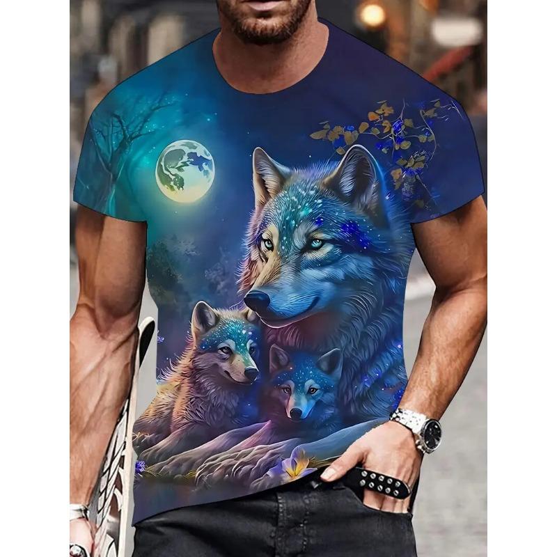 Summer Men's T Shirt Wolf Graphic Print Male Casual Short Sleeve Oversize Clothes Crew Neck T-Shirts Street Outdoor Fashion Tops