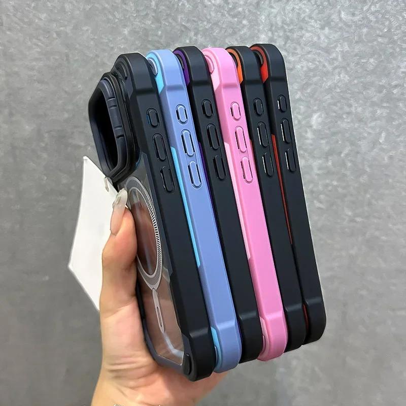 Armor Fold Lens Stand Protection Magsafe Case For iPhone 16 13 12 14 15 Pro Max Plus Magnetic Wireless Charging Shockproof Cover