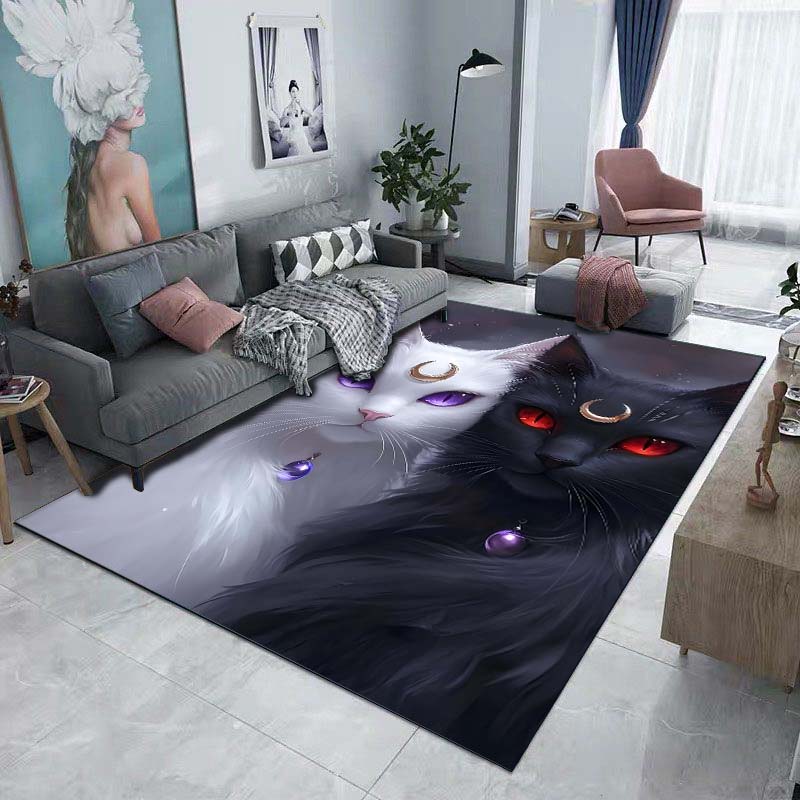 Black Cat and White Cat Printed Carpet for Living Room Bedroom Bedside Bathroom Floor Mat Area Rug Sofa Mat Home Decor