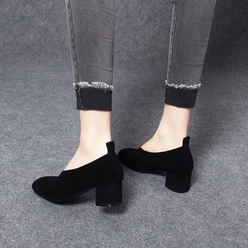 Women's Shoes Early Spring New Casual Round Head Thick Heel Black Sheepskin Thin One-pedal Middle Heel Single Shoes