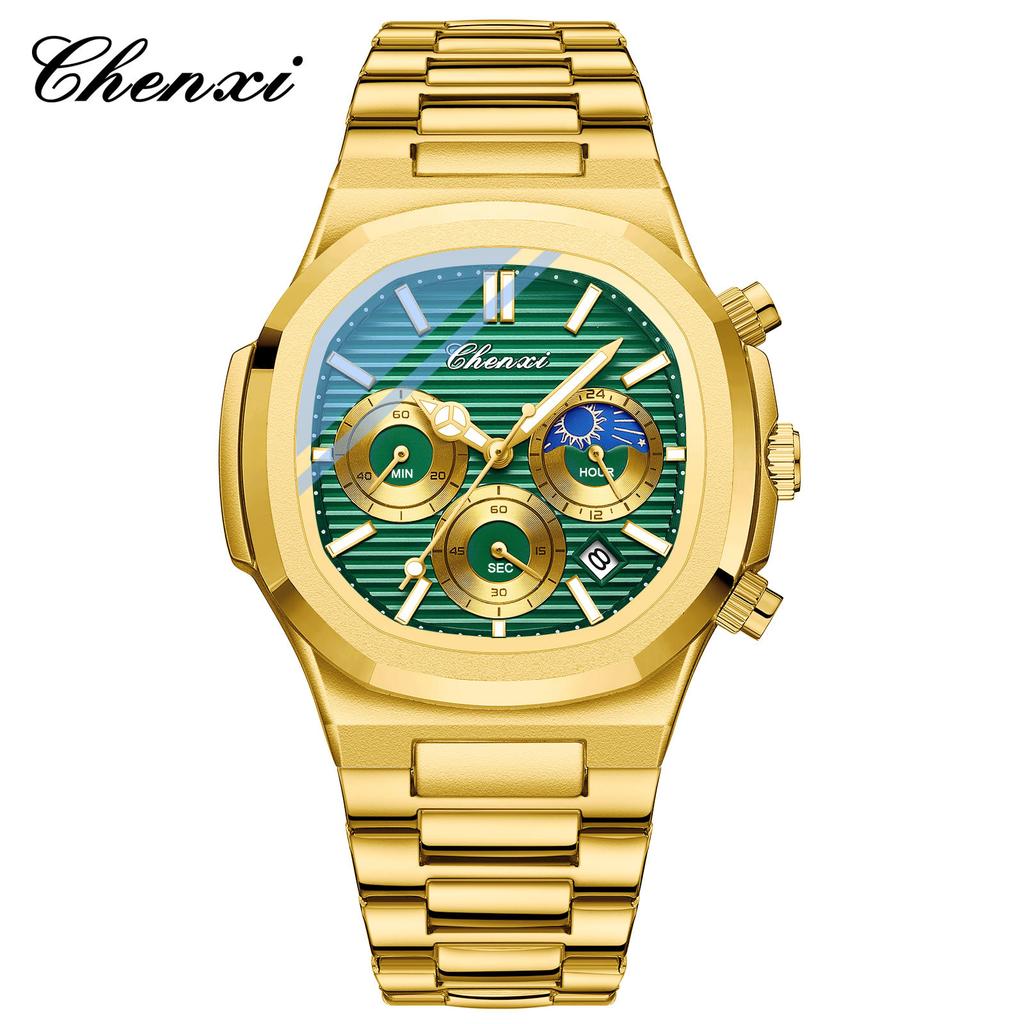 2025 Luxury Watch Men Business Fashion Waterproof Stainless Steel Chronograph Moon Phase Quartz Wristwatch Male Clock