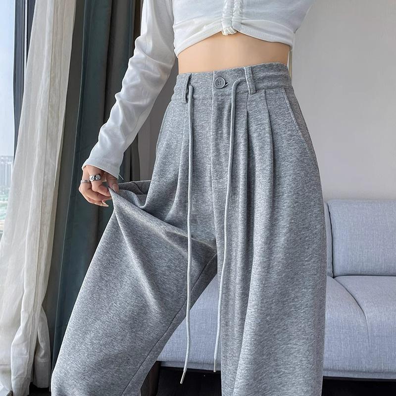 Women's High Waist Drawstring Wide Leg Pants Loose Fit Casual Style Solid Color High Stretch Winter Straight Trousers