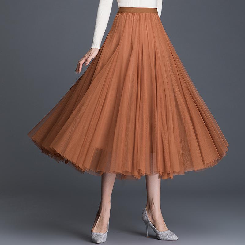 2025 High-Waist A-Line Mesh Skirt: Three-Layer Pleated Fairy Skirt for Spring & Autumn