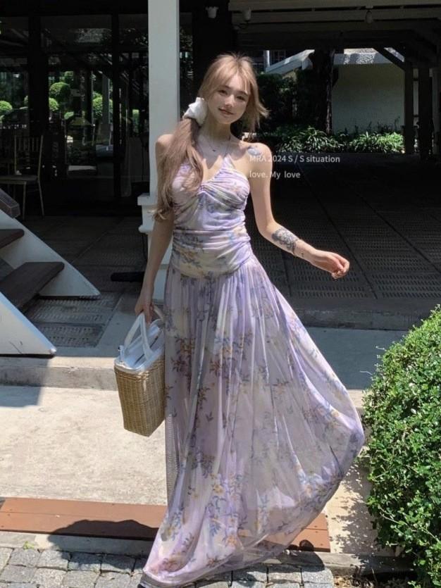 Seaside vacation purple floral dress summer sexy neck halter pleated waist thin mesh dress S