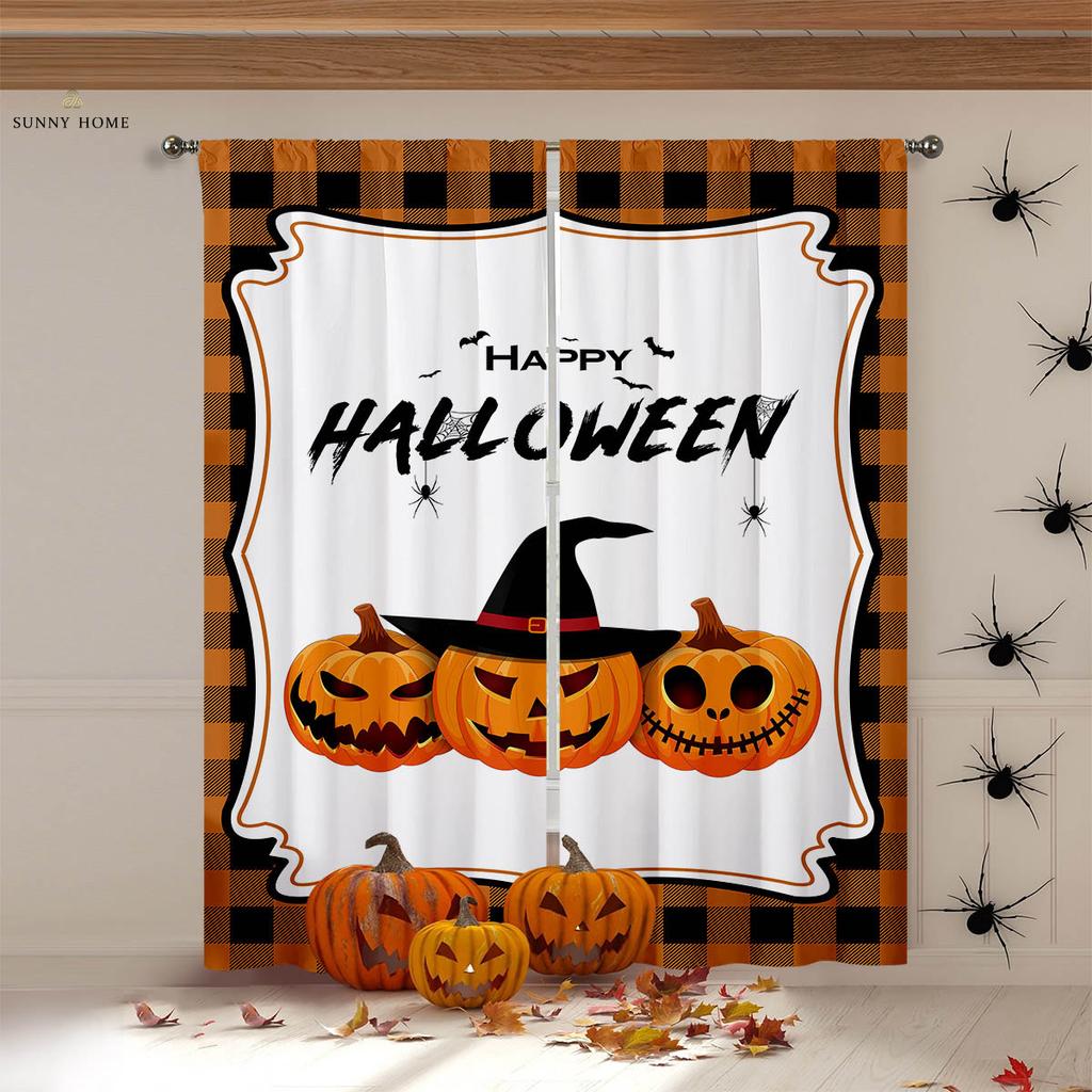 Halloween Horror Atmosphere Decorative Curtains Gothic Style Castle Pumpkin Cartoon Print Curtains Holiday Party Decorative 2PCS