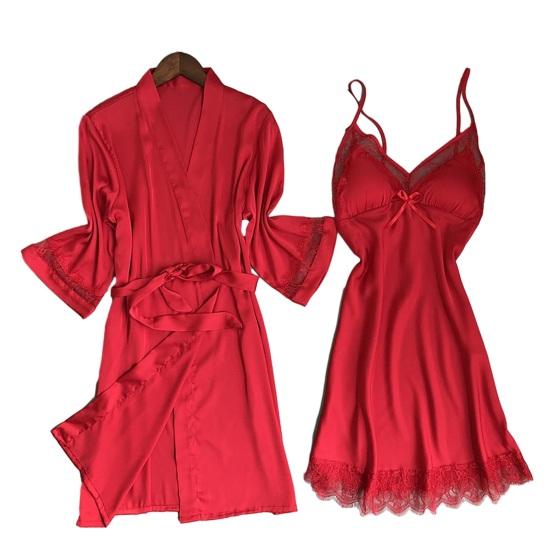 

Nightgown And Robe Sets for Women Lace Trim Mini Sleepdress And 3/4 Sleeve Bathrobe 2 Piece Pajamas Set Sexy Chemise Bride Sleepwear M червоний