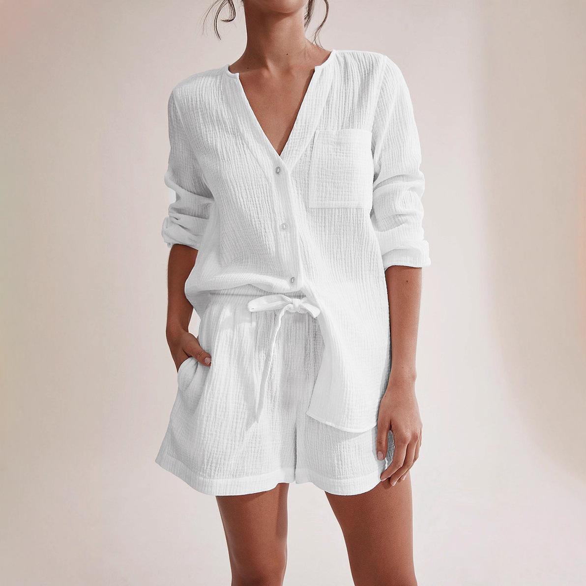 European and American double-layer gauze long-sleeved shorts cotton air-conditioning clothes fashionable white women s loungewear set Russian L