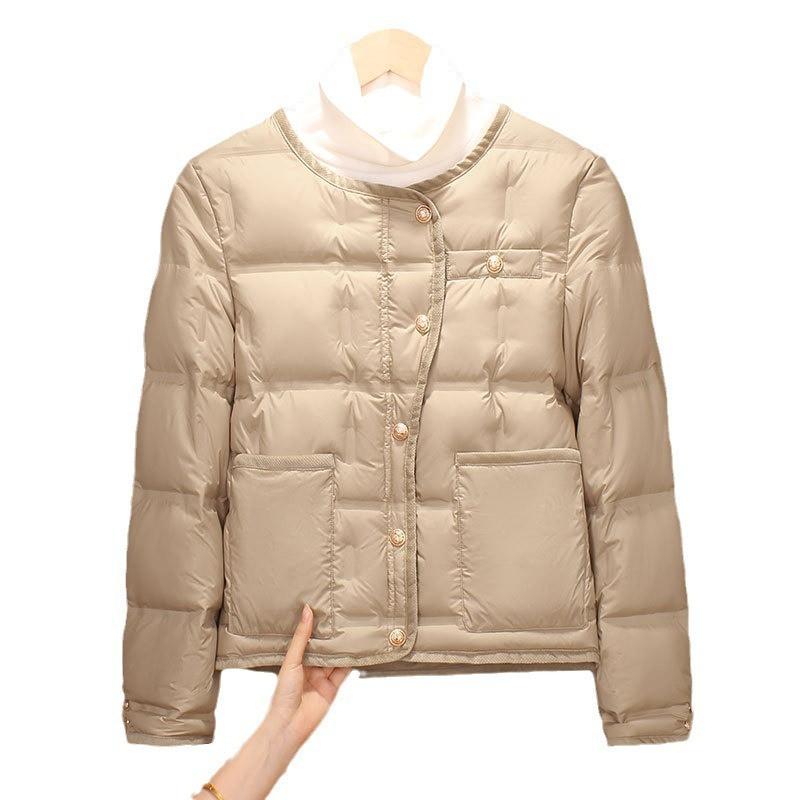 Womens Lightweight Down Inner Layer Jacket Slim Fit Long Sleeve Round Neck Short Length No Collar