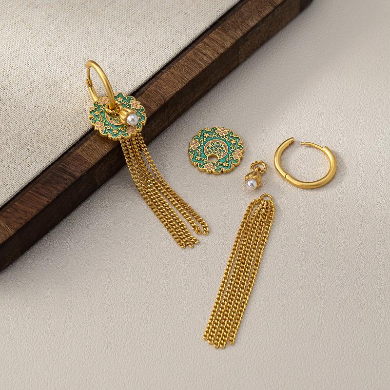 Elegante chinesische Quasten- & Perlenohrringe mit Glasur-Blumendesign für Damen