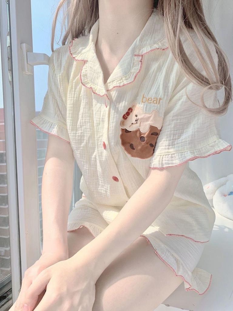 Sweet Princess Style Bear Pajamas Women's Summer Cardigan Lace Short-sleeved Shorts Set Casual Lazy Style Loungewear