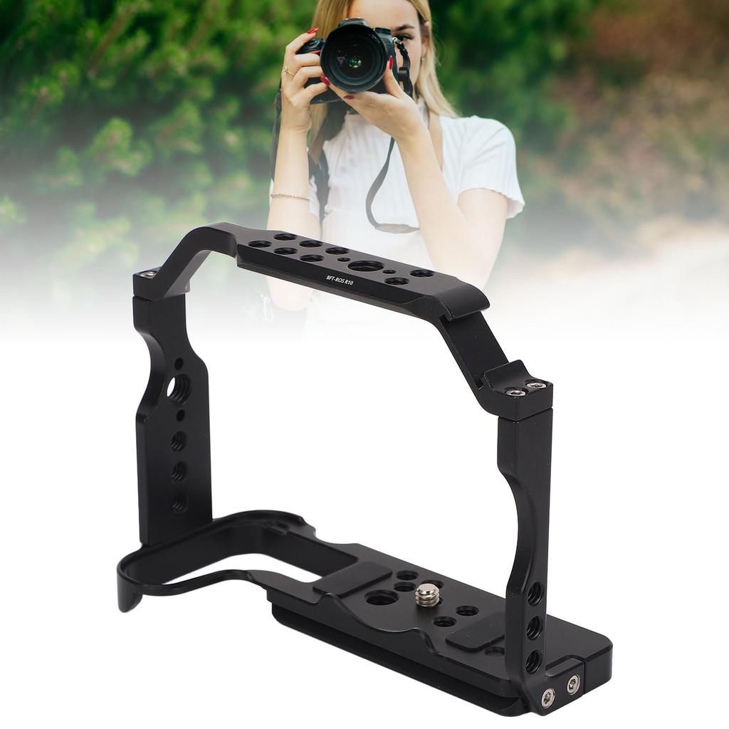 Camera cage for R10 mirrorless aluminum video rig with Arca 38mm slide screw cold shoe mount camera, slot, 1/4" 3/8" holes,