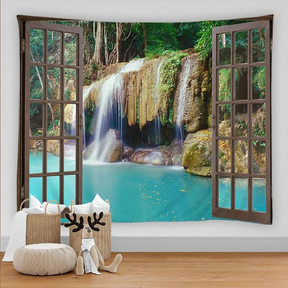 Bohemian Style 3D Window View Decorative Tapestry Hippie Wall Decoration Tapestry Bedroom Dormitory