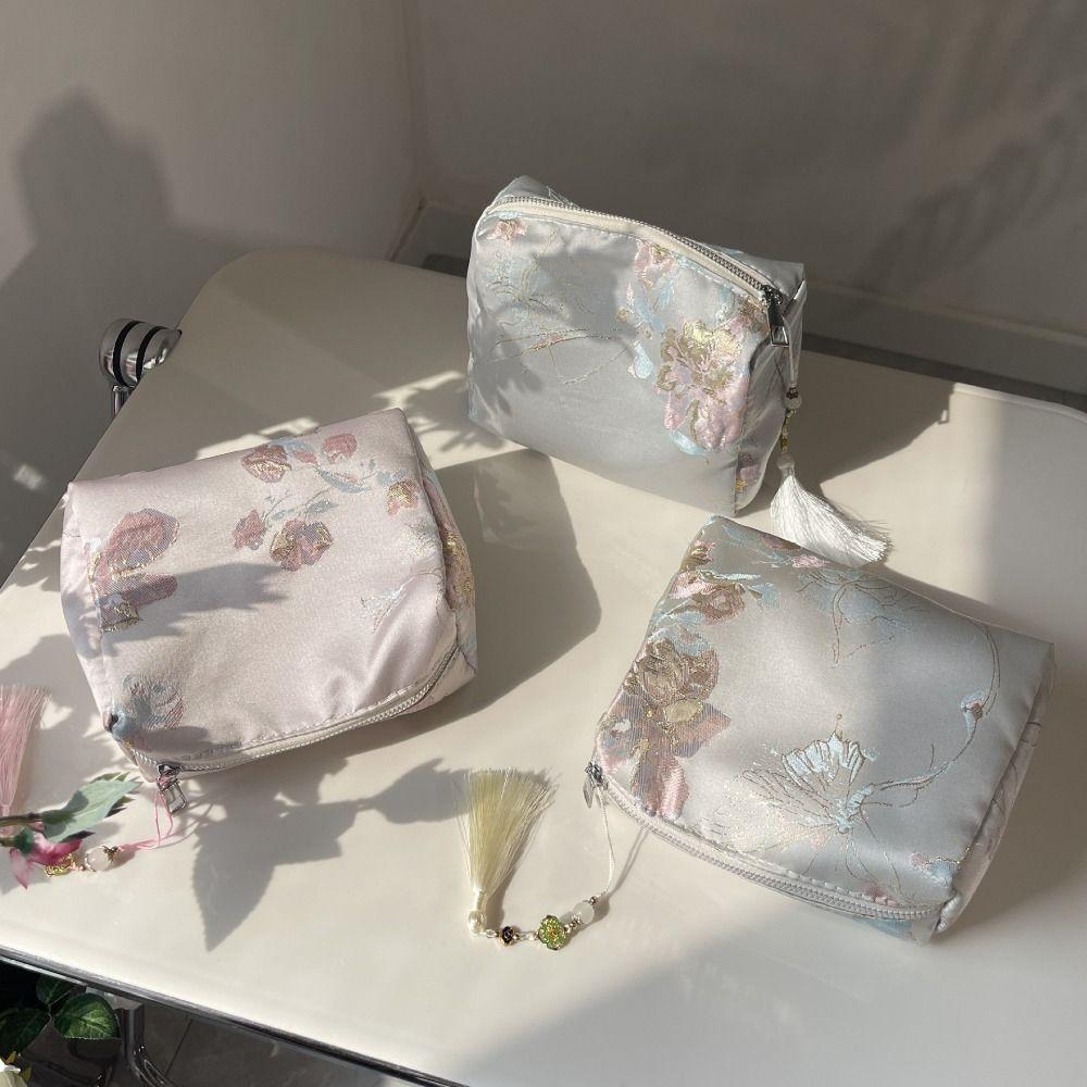 Polyester Cosmetic Bag Embroidery Floral Zipper Closure Makeup Organizer Chinese Style Beauty Case Beauty Tools Storage