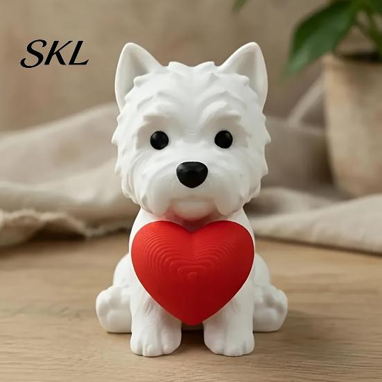 Office Desk Pet Decor 3D Printed West Highland Terrier Figurine, Cute Dog Statue Holding Red Heart, Heart Ornament Car Dashboard Decor, Romantic