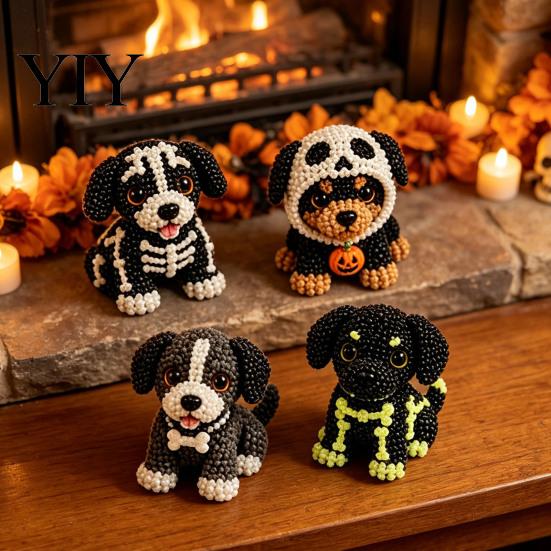 Bastelset für Teenager und Erwachsene Halloween Hund Perlenkunst-Set, DIY 4 Perlen-Hundefiguren, 3D-Stickerei Starter-Kit Basteln für Teenager, Feiertagsdekoration
