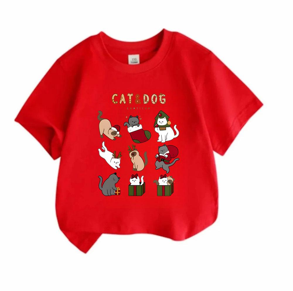 Kids Boys Girls 100% Cotton Crew Neck Short Sleeve T-Shirt, Cute Christmas Cats Collection Print Casual Soft Holiday Cartoon Tee for Children