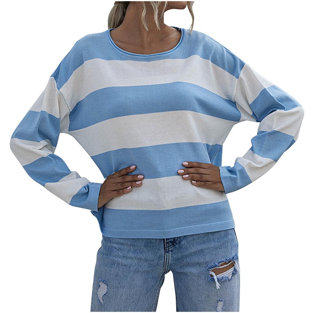 Autumn and winter new women's clothing casual loose knitted sweater striped color matching crew neck sweater