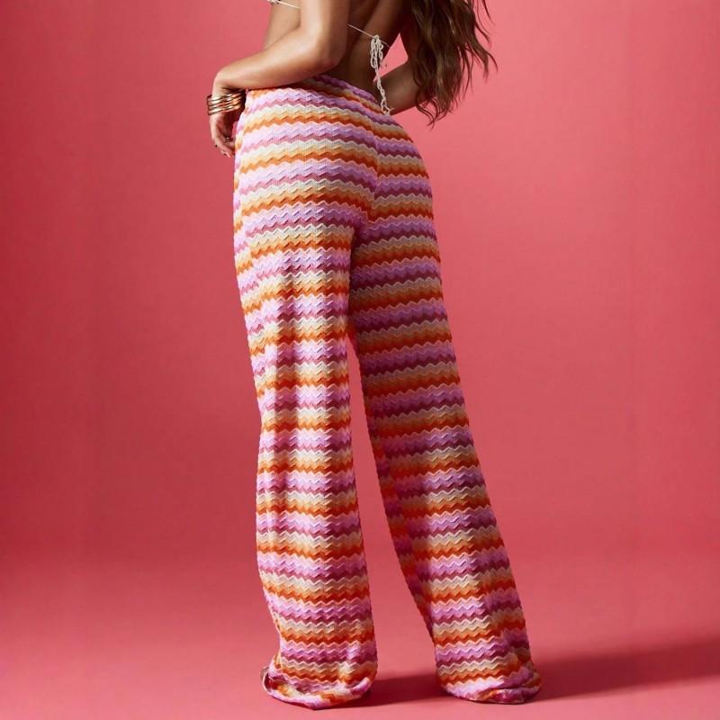 Womens Striped Wide Leg Pants Loose Casual Trousers Street Style Elastic Waist Mid-Stretch All Season
