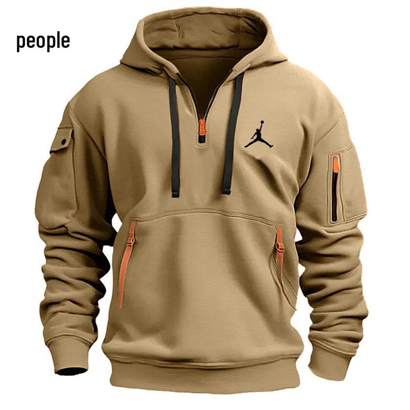 Men's Multi-Zipper Arm Pocket Velvet Hooded Pullover Sweatshirt - Casual Sportswear In Stock