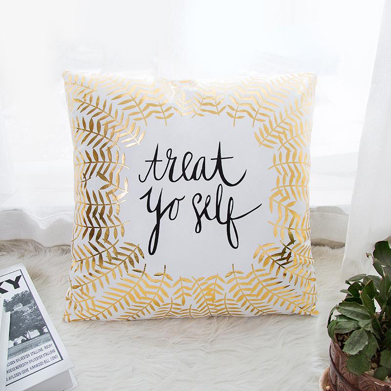 Golden Love Leaves Bronzing Cushion Decorative Pillow Black And White Velvet Pillowcase Home Decor Sofa Throw Pillows 17*17Inch