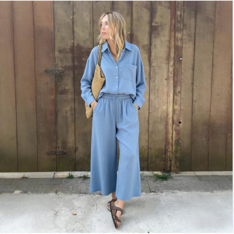 Spring Fashion Women's Plus Size Two-Piece: Linen-Style Shirt & High-Waisted Loose Pants