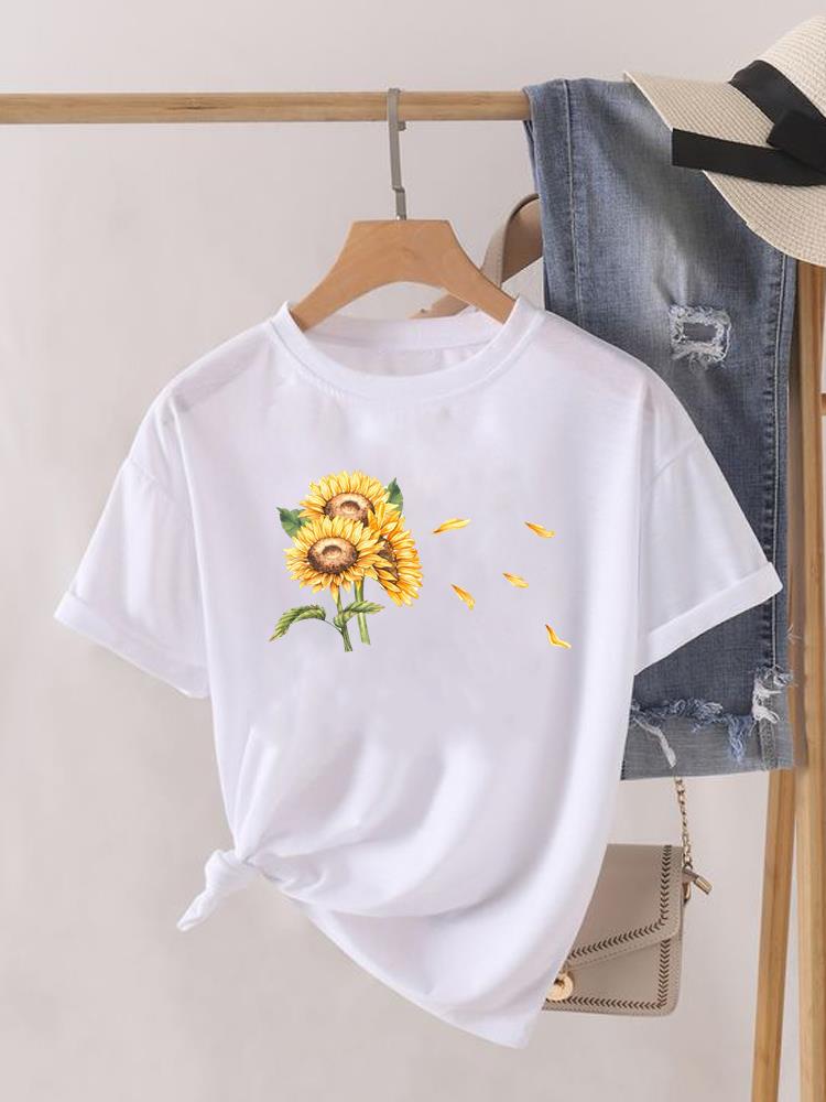 Kwiatek Słodki Trend lat 90. Uroczy Krótki Rękaw Nadruk Moda Graficzny T-shirt Kobiety Top Pani Damska Koszulka Tee Okrągły Dekolt Odzież Ubrania