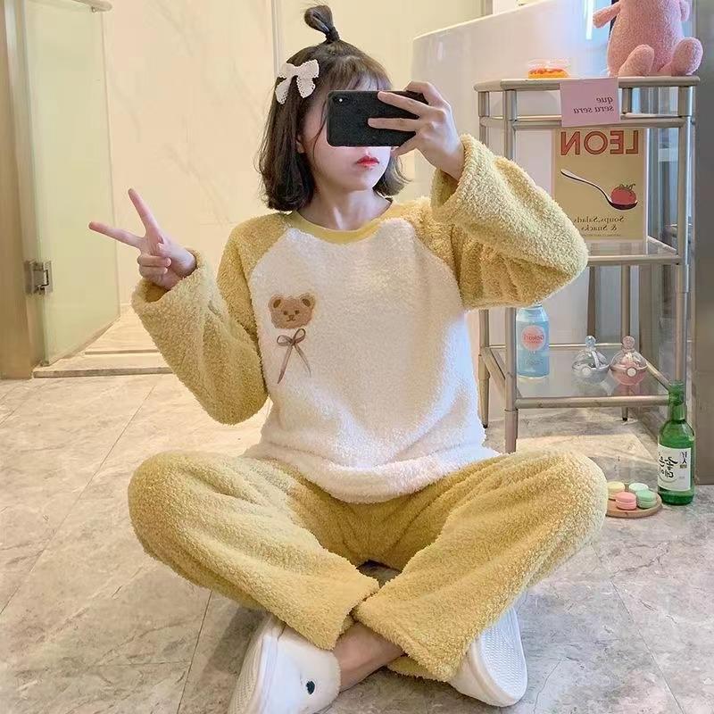 Podzim Zima Teplý Flanel Dámské Pyžamové Sady Zesílený Korálový Samet Dlouhý Rukáv Kreslené Noční Prádlo Flanelové Pyžamo Set Dívka pro mládež