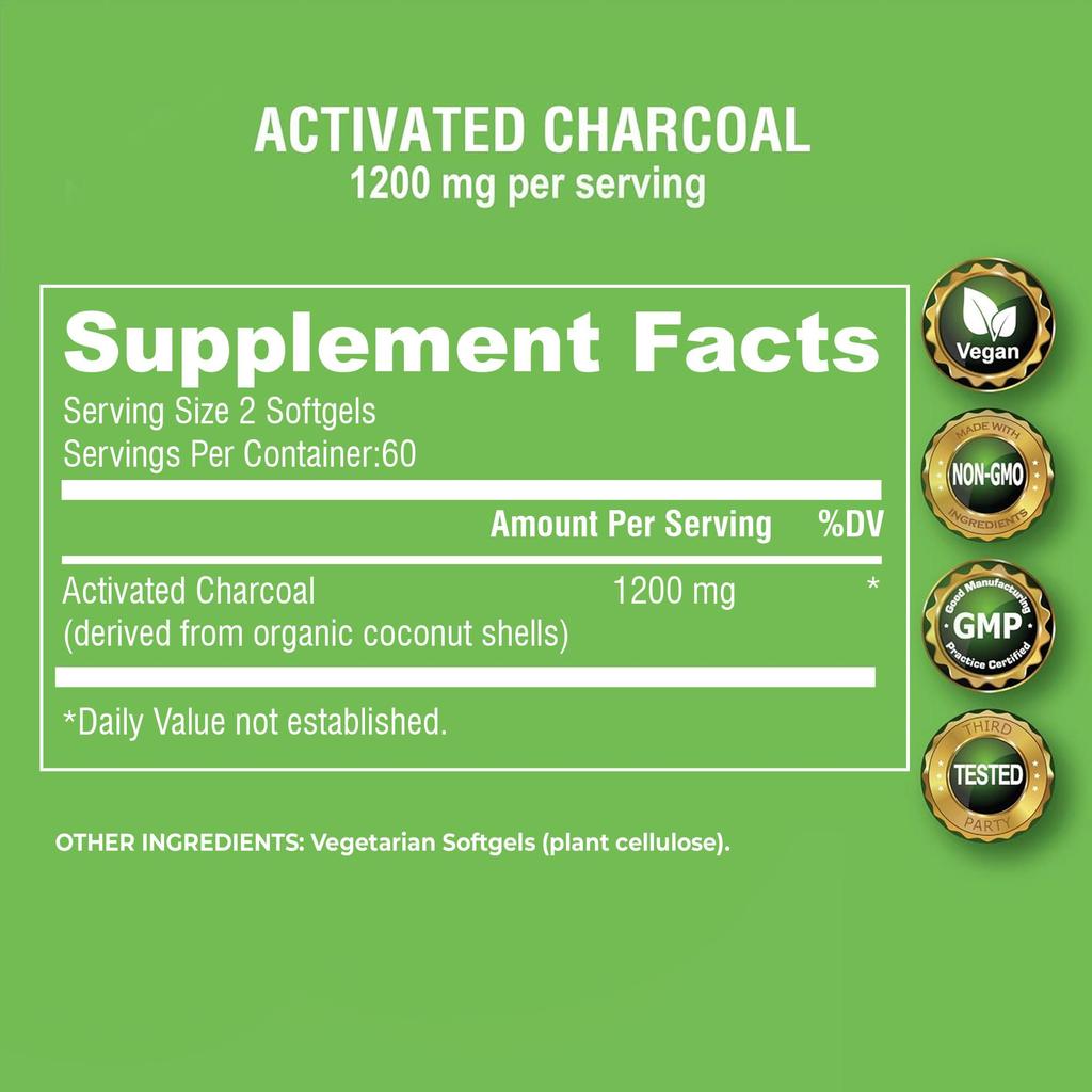Coconut Shell Activated Charcoal Capsules, 1200mg Per Serving; Soothes the Digestive Tract; Relieves Gas and Bloating; Suitable for Adults.