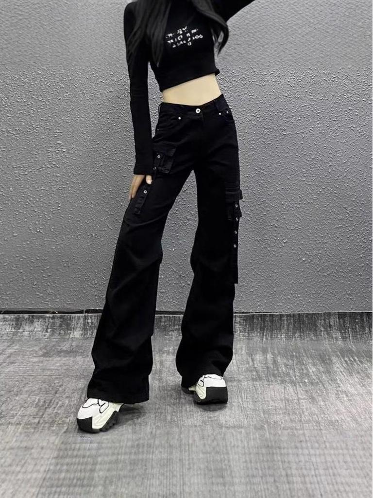 Women's Multi-Pocket High Waist Workwear Jeans - Autumn Loose Slimming Straight Leg, Versatile Wide-Leg Floor-Length Pants