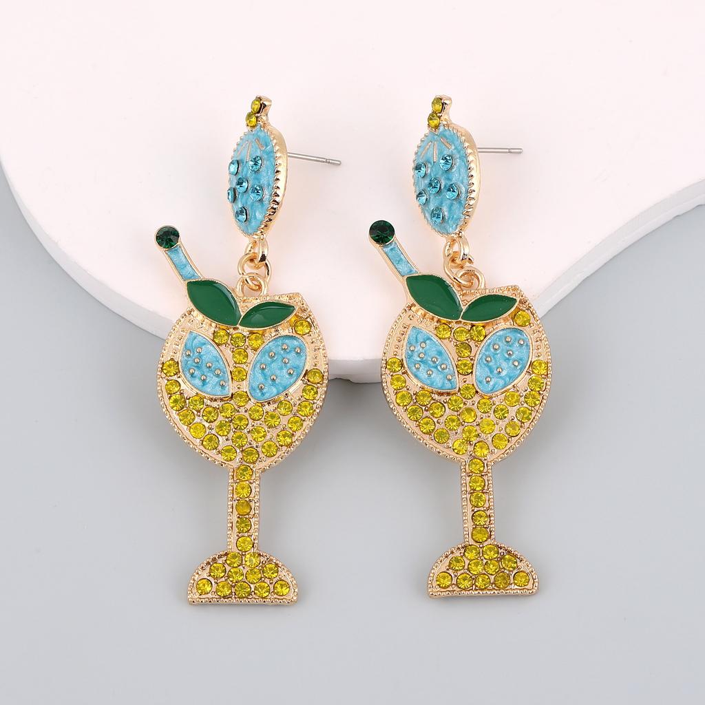 European and American New Cute Color Drip Oil Fashion Strawberry Wine Glass Earrings Pearl Alloy Diamond-encrusted Goblet Earrings Women