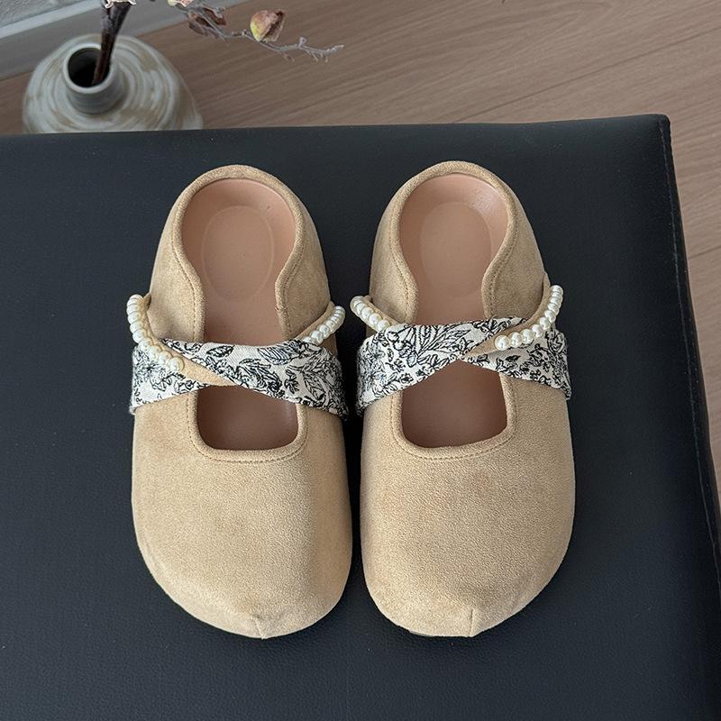 

Retro versatile round head one-pedal Mary Jane shoes spring and summer new pearl casual flat-bottomed bag head slippers 40 абрикосовый