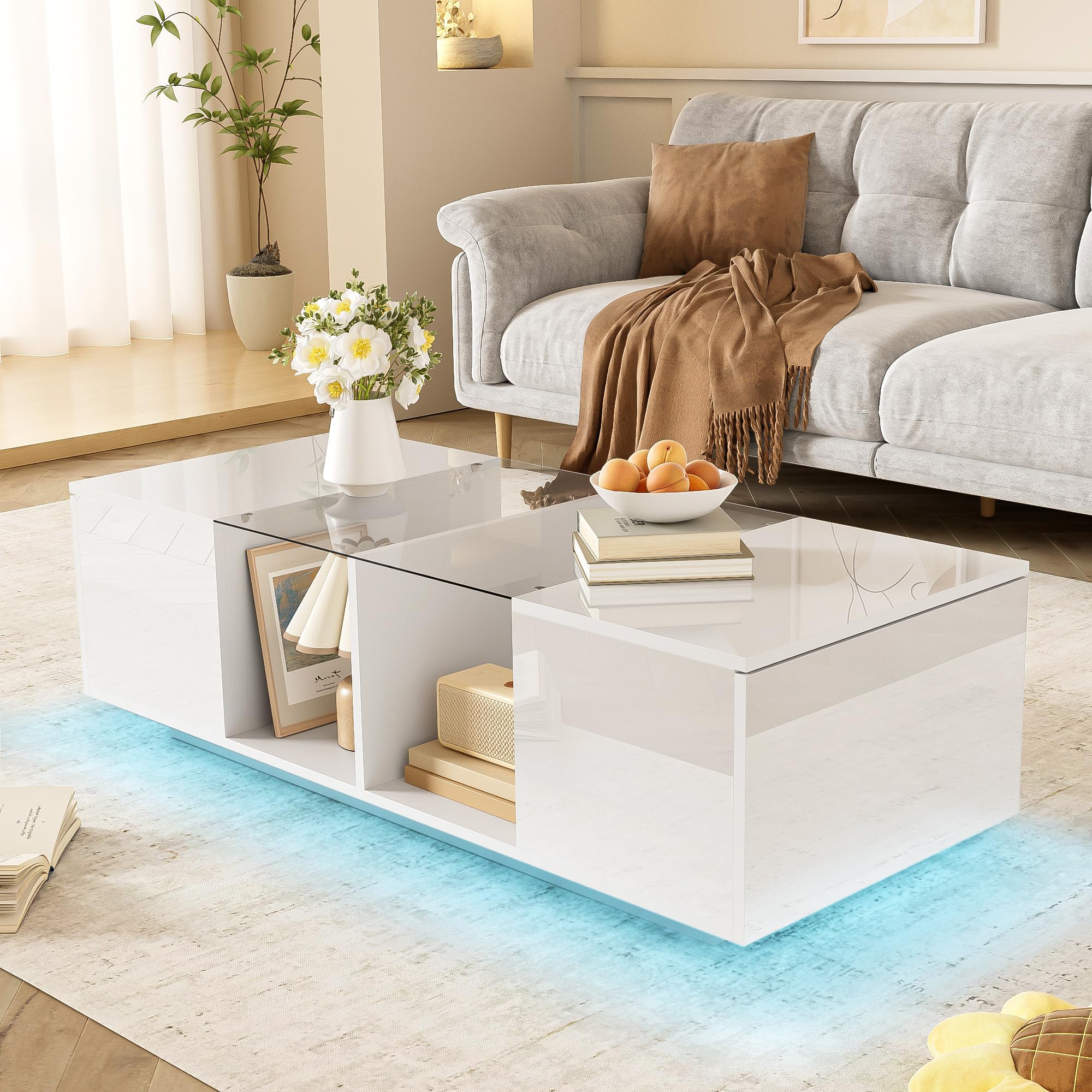 Couchtisch, LED Wohnzimmertisch mit Stauraum, Hochglanz