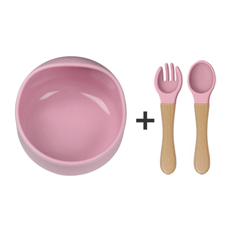 Silikon Saugbecher Baby Fütterset: Schneckenschale, Löffel & Gabel mit Holzgriffen, Leicht zu reinigen.