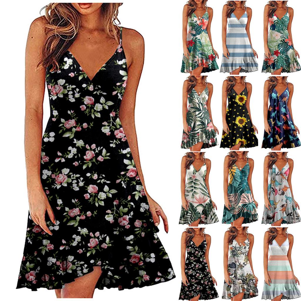 Ladies Slim Printed  Buckle Shoulder Strap Ruffled Sling Dress