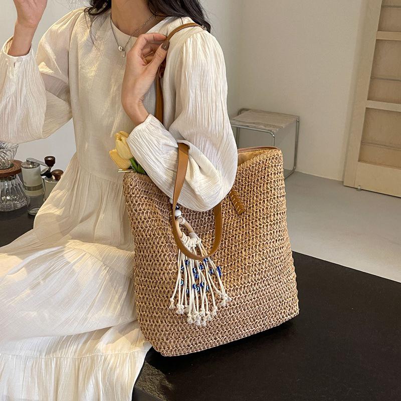 Yogodlns Dámská háčkovaná plážová kabelka s třásněmi, pletená cestovní kabelka, zapínání na zip, retro slámová kabelka, dámská letní taška pro každý den
