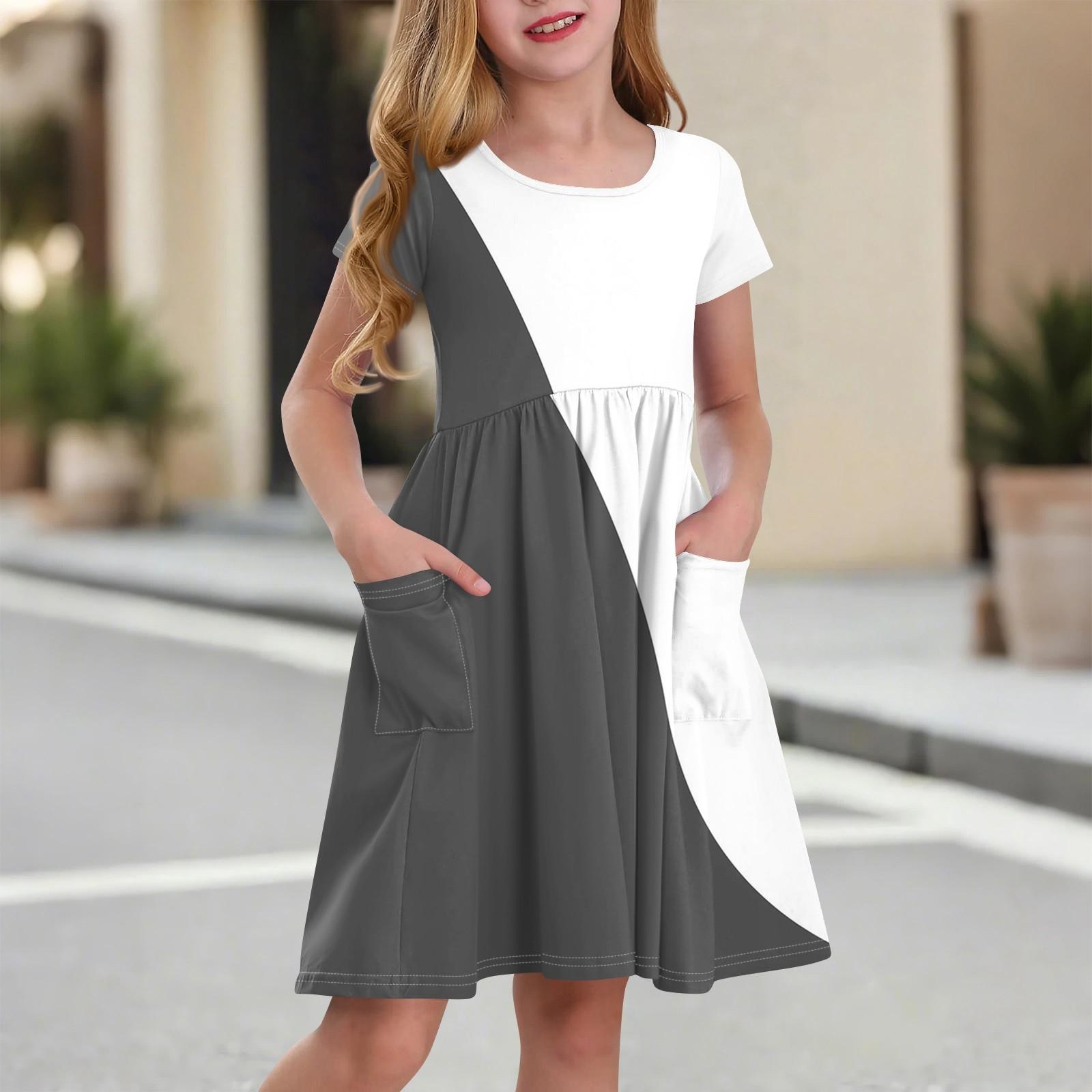 

Children s Skirt Round Neck Short Sleeve Princess Dress Fashion Casual Pocket Dress For Girls 160