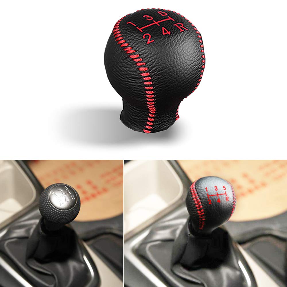 Gear Shift Knob Cover Black Leather + Red Stitch for