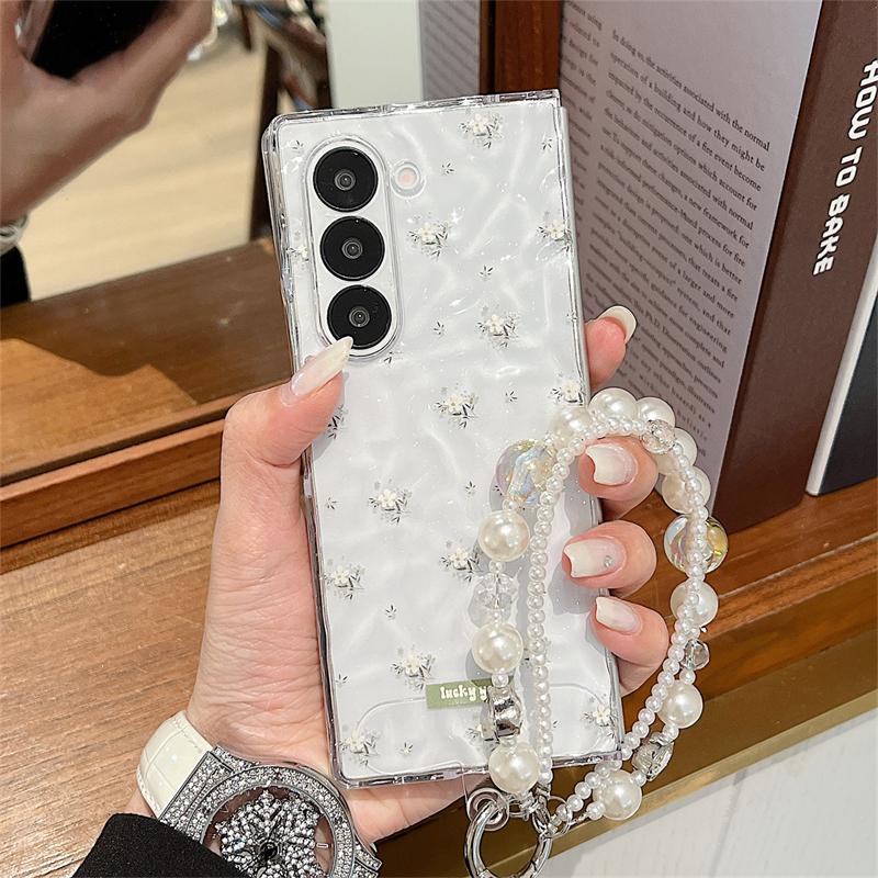 Ins Flower Water Ripple Wrist Chain Case for Samsung Galaxy Z Fold 7 6 Transparent Pearl Bracelet Cover for Samsung fold7 ZFold