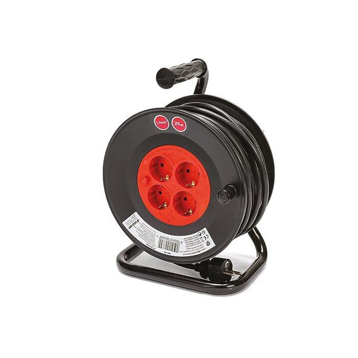 Enrouleur de câble 4 prises - Velamp - 25m - Schuko - Interrupteur thermique - Sécurité enfants - 3200W déroulé