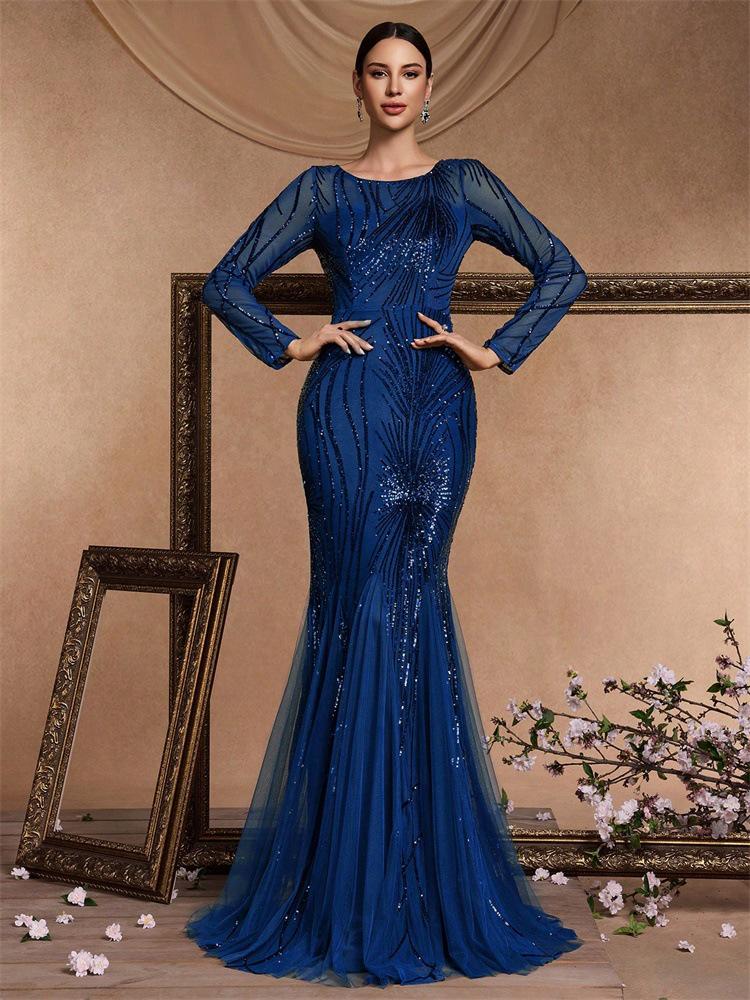 Elegante Vestido de Festa Longo de Manga Comprida Ajustado Cauda de Peixe para Madrinha