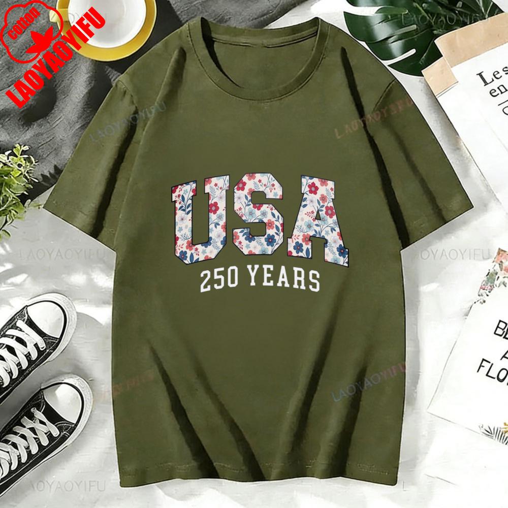 T Shirt Women Cotton Short Sleeve O Neck Casual Fashion Usa 250 Years Floral Print Top For Her Summer Holiday Gift