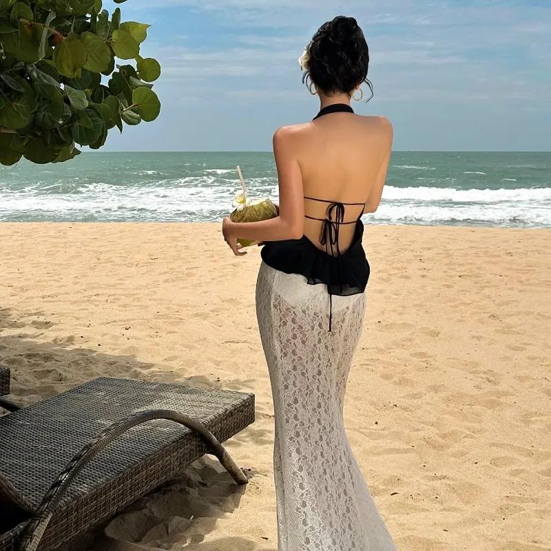 Women's Black Halter Deep V Neck Cutout Lace-Up Peplum Chiffon Cami Top